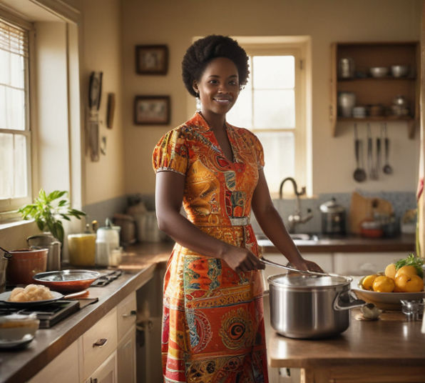 A modern Ugandan woman with traditional attire stands by a sleek rice cooker, blending heritage and convenience.
